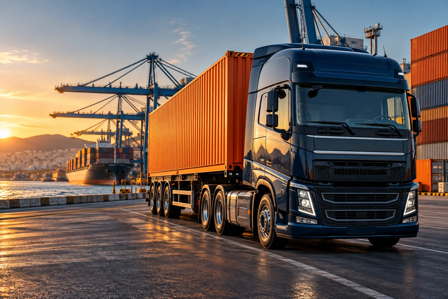 Illustrative container truck at a Mediterranean freight terminal